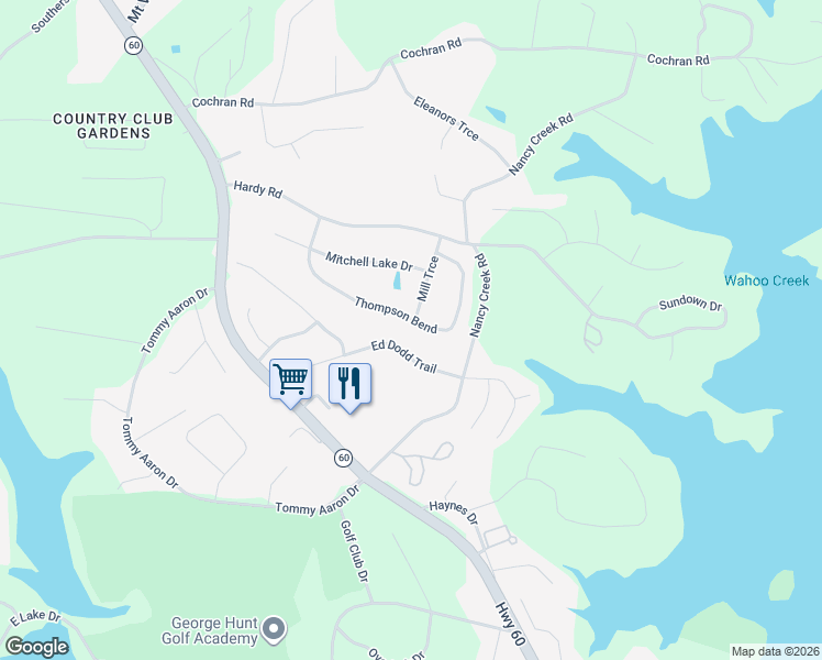 map of restaurants, bars, coffee shops, grocery stores, and more near 3565 Thompson Bend in Gainesville