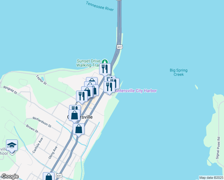 map of restaurants, bars, coffee shops, grocery stores, and more near Paddle Wheel Drive in Guntersville
