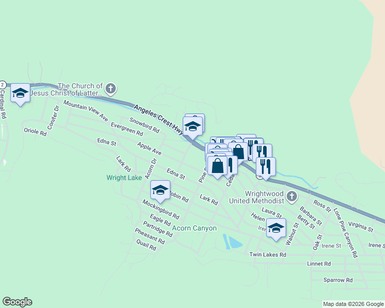 map of restaurants, bars, coffee shops, grocery stores, and more near 1175 California 2 in Wrightwood