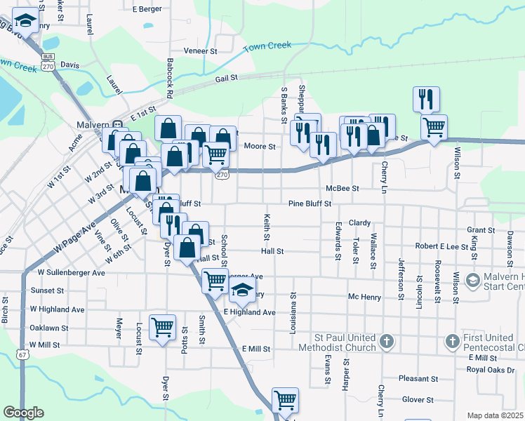 map of restaurants, bars, coffee shops, grocery stores, and more near 542 Pine Bluff Street in Malvern