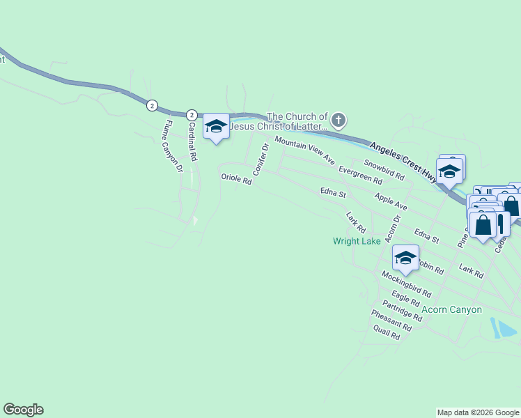 map of restaurants, bars, coffee shops, grocery stores, and more near Oriole Road in Wrightwood