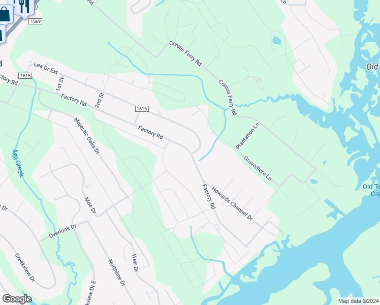 map of restaurants, bars, coffee shops, grocery stores, and more near 1096 Factory Road in Hampstead