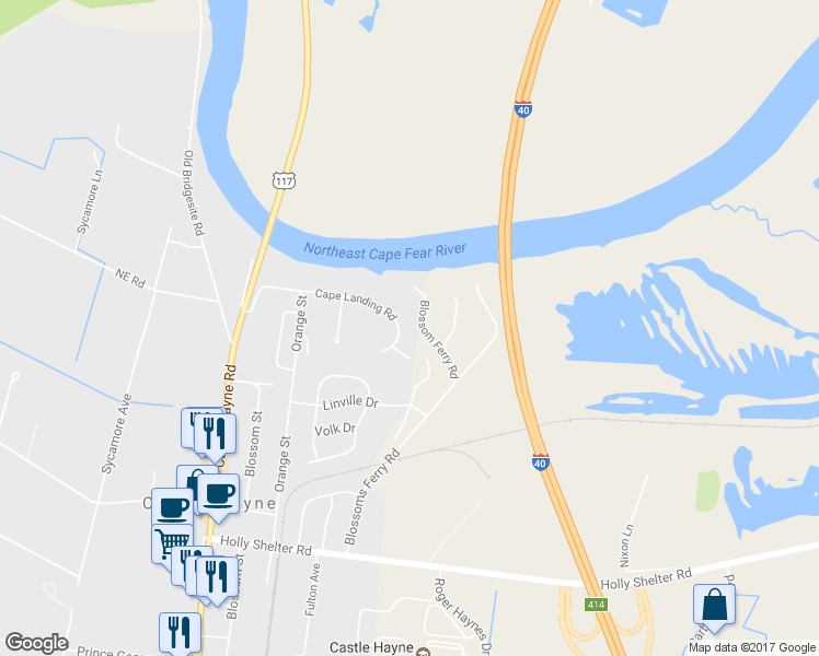 map of restaurants, bars, coffee shops, grocery stores, and more near 4139 Cape Landing Road in Castle Hayne