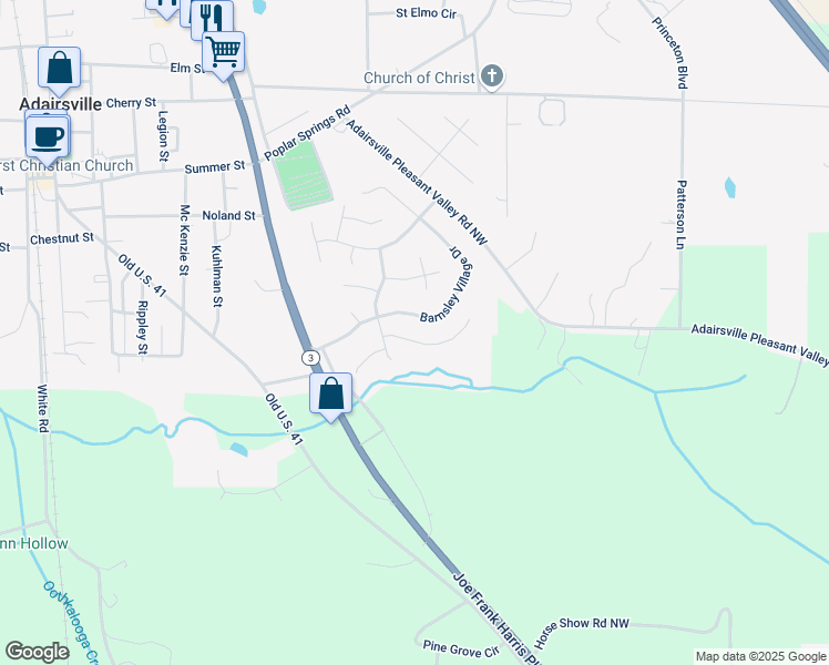 map of restaurants, bars, coffee shops, grocery stores, and more near 17 Madison Lane in Adairsville