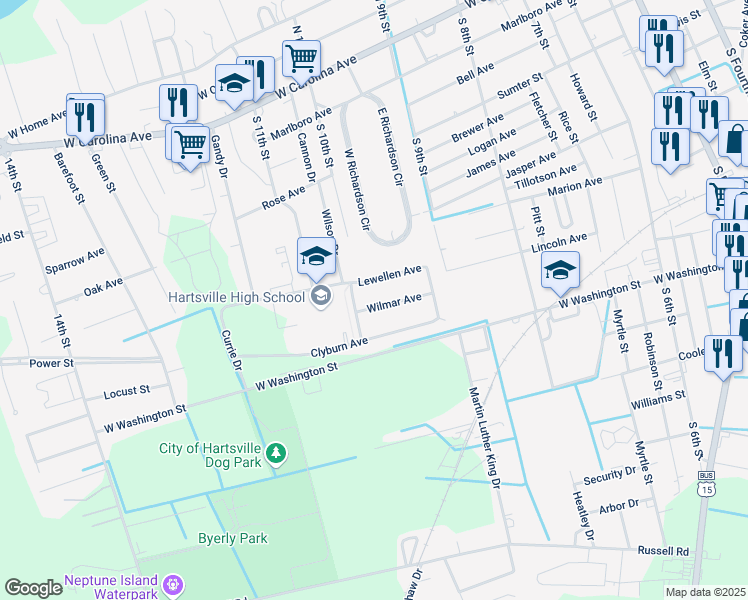 map of restaurants, bars, coffee shops, grocery stores, and more near 527 Lewellen Drive in Hartsville