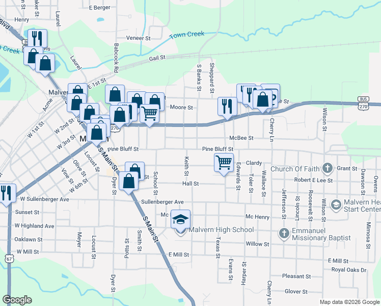 map of restaurants, bars, coffee shops, grocery stores, and more near 704 Pine Bluff Street in Malvern