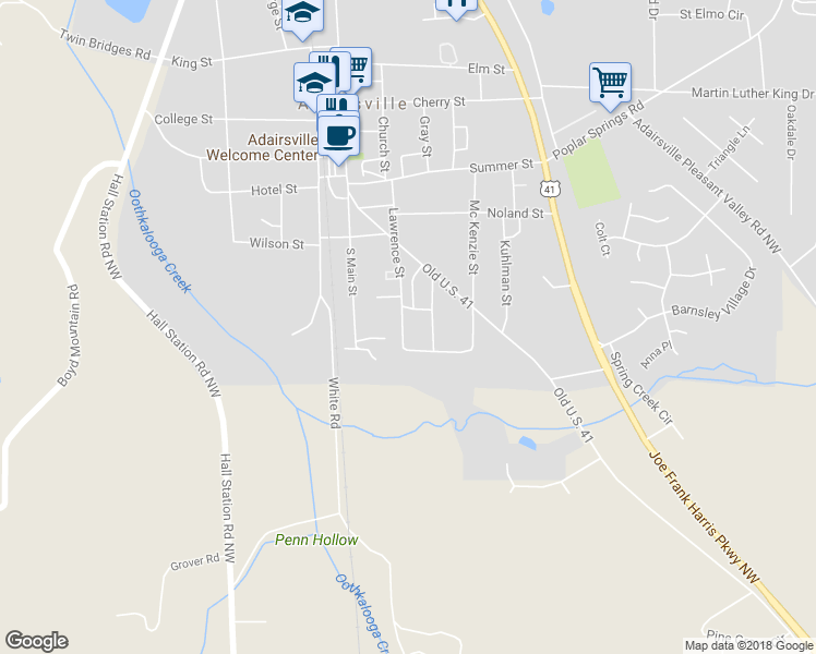 map of restaurants, bars, coffee shops, grocery stores, and more near 251 Lawrence Street in Adairsville
