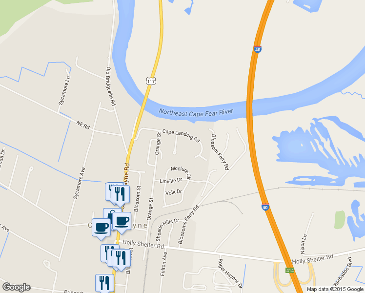 map of restaurants, bars, coffee shops, grocery stores, and more near 6412 Grandview Drive in Castle Hayne