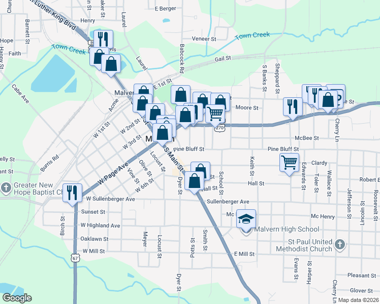 map of restaurants, bars, coffee shops, grocery stores, and more near 212 Pine Bluff Street in Malvern
