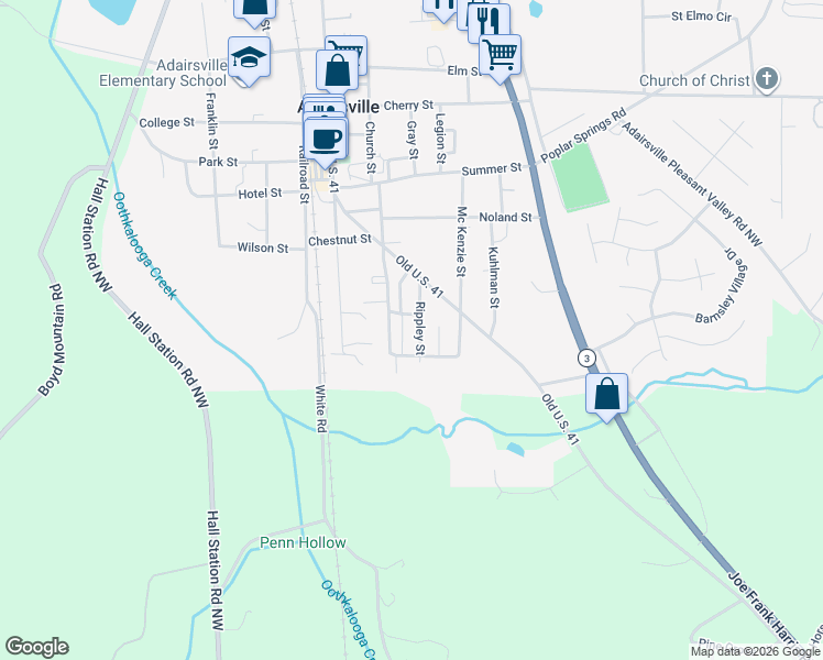 map of restaurants, bars, coffee shops, grocery stores, and more near 122 Rippley Street in Adairsville