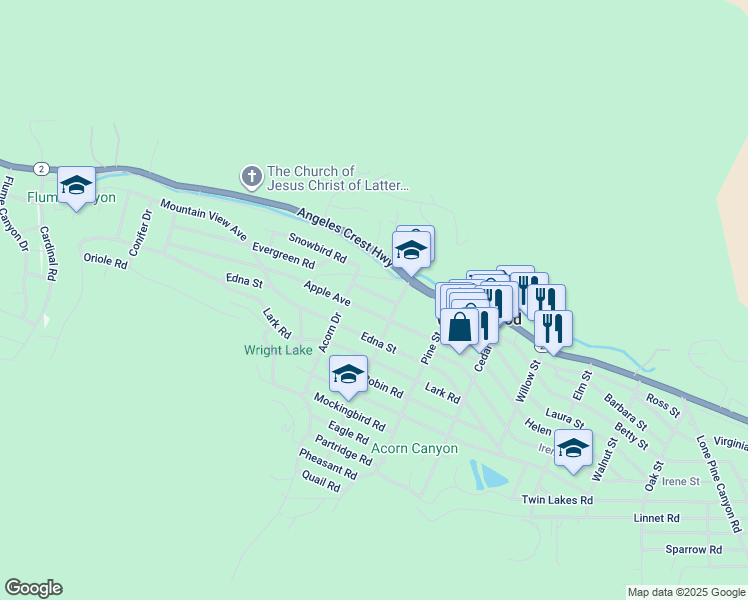 map of restaurants, bars, coffee shops, grocery stores, and more near 1102 Evergreen Road in Wrightwood