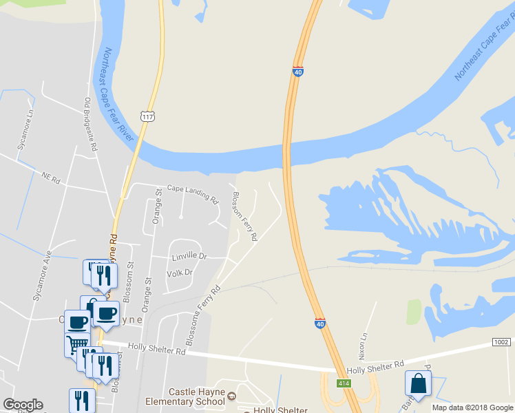 map of restaurants, bars, coffee shops, grocery stores, and more near 473 Blossom Ferry Road in Castle Hayne
