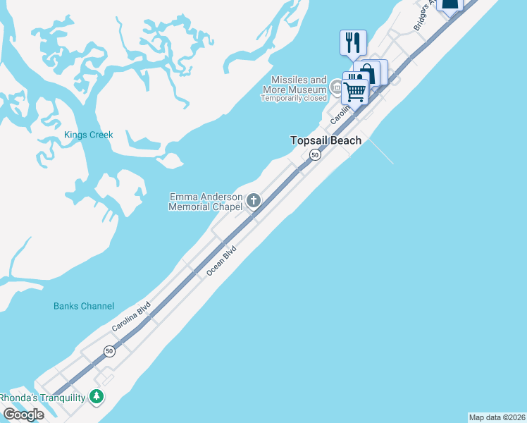 map of restaurants, bars, coffee shops, grocery stores, and more near 1001-1039 Highway 50 in Topsail Beach