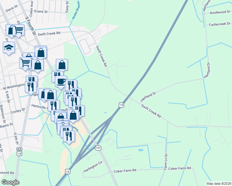map of restaurants, bars, coffee shops, grocery stores, and more near 1033 Swift Creek Road in Hartsville