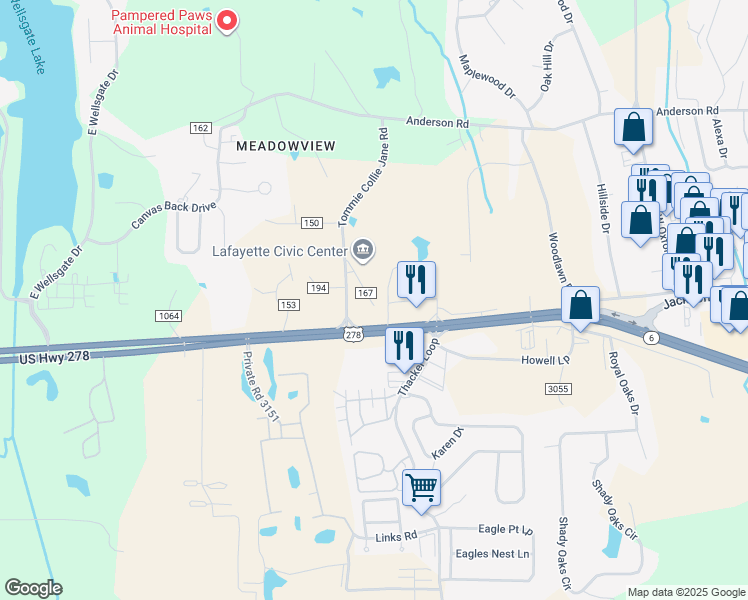 map of restaurants, bars, coffee shops, grocery stores, and more near 10 Tommie Collie Jane Road in Oxford