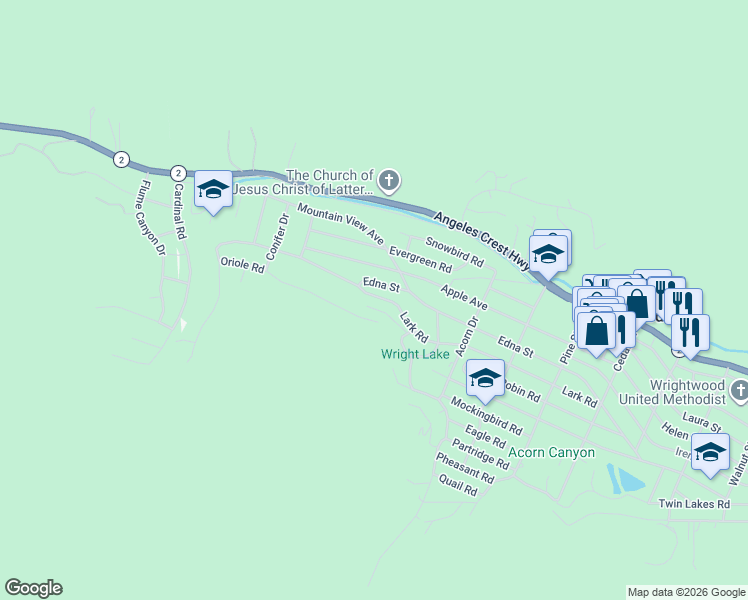 map of restaurants, bars, coffee shops, grocery stores, and more near 851 Edna Street in Wrightwood