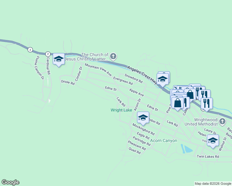 map of restaurants, bars, coffee shops, grocery stores, and more near 876 Lark Road in Wrightwood