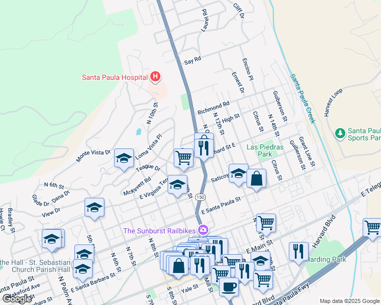 map of restaurants, bars, coffee shops, grocery stores, and more near 1024 Park Street in Santa Paula