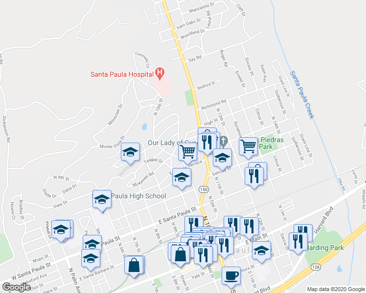 map of restaurants, bars, coffee shops, grocery stores, and more near 1024 Park Street in Santa Paula