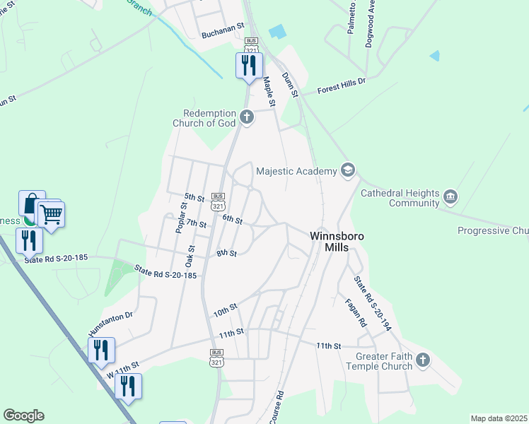 map of restaurants, bars, coffee shops, grocery stores, and more near 215 Elm Street in Winnsboro