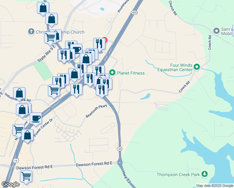 map of restaurants, bars, coffee shops, grocery stores, and more near 220 Old Dawson Village Road in Dawsonville