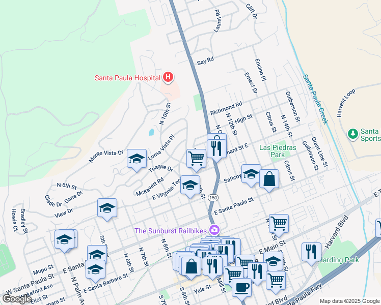 map of restaurants, bars, coffee shops, grocery stores, and more near 1006 Mill Place in Santa Paula