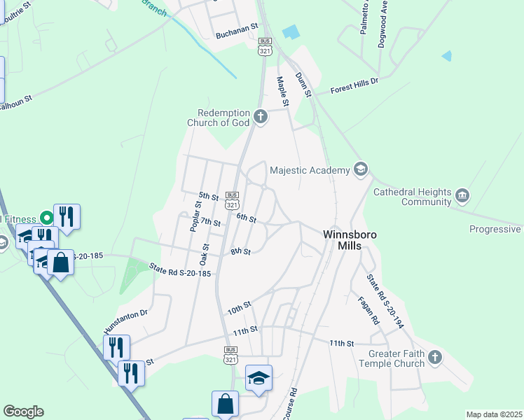 map of restaurants, bars, coffee shops, grocery stores, and more near 250 State Road S-20-192 in Winnsboro