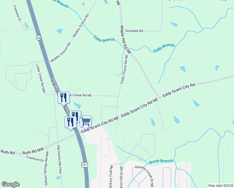 map of restaurants, bars, coffee shops, grocery stores, and more near 2525 Eddy Church Road Northeast in Arab