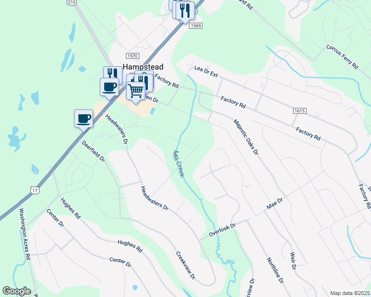 map of restaurants, bars, coffee shops, grocery stores, and more near 101 Bay Blossom Court in Hampstead