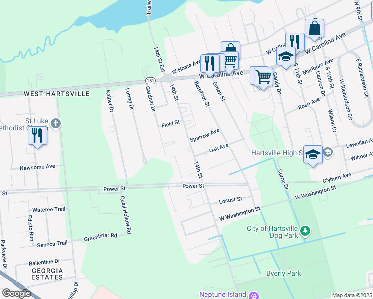 map of restaurants, bars, coffee shops, grocery stores, and more near 1009 Lee Circle in Hartsville