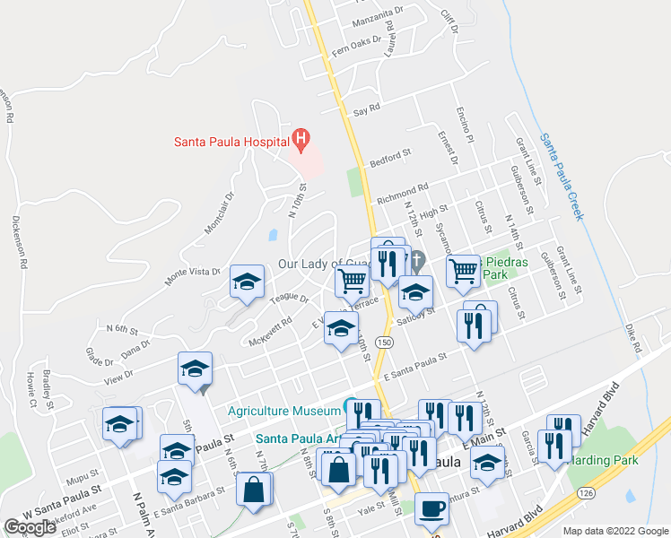 map of restaurants, bars, coffee shops, grocery stores, and more near 1006 Mill Place in Santa Paula