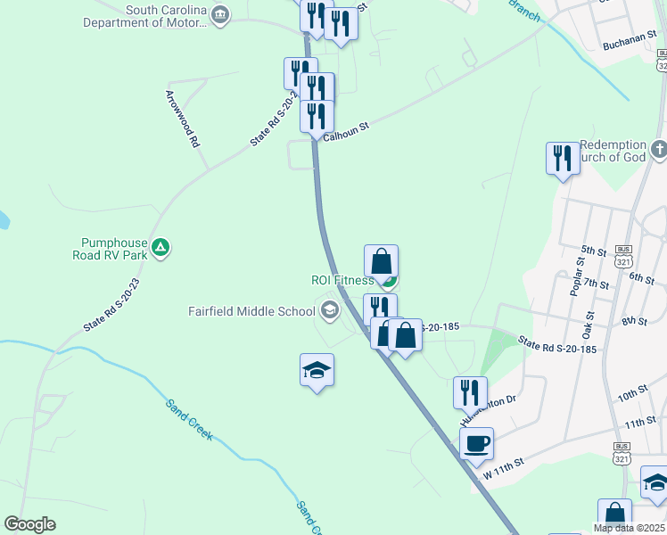 map of restaurants, bars, coffee shops, grocery stores, and more near 647 U.S. 321 Bypass in Winnsboro