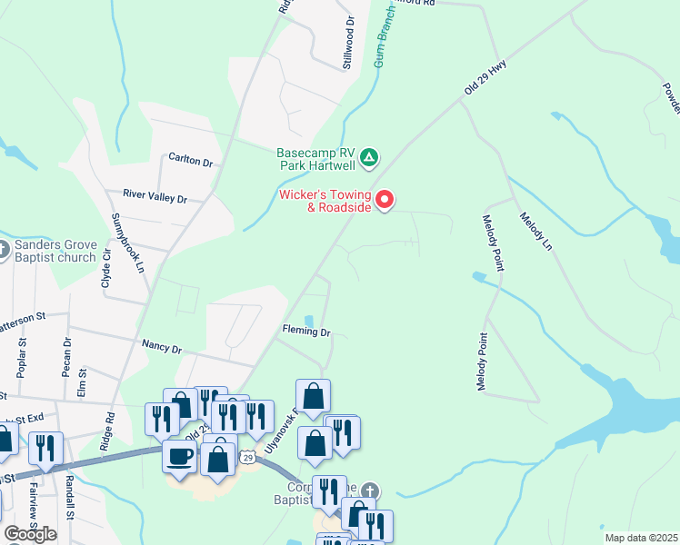 map of restaurants, bars, coffee shops, grocery stores, and more near 654 Old Highway 29 in Hartwell