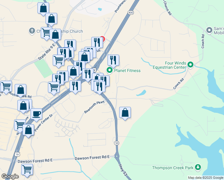map of restaurants, bars, coffee shops, grocery stores, and more near 200 Old Dawson Village Road in Dawsonville