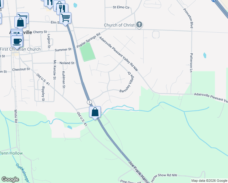 map of restaurants, bars, coffee shops, grocery stores, and more near 26 Barnsley Village Drive in Adairsville