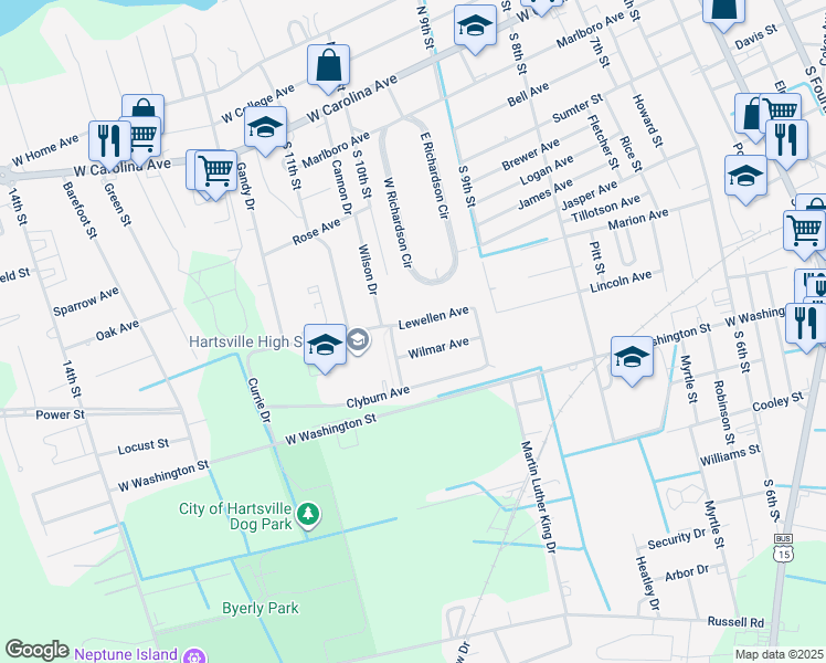 map of restaurants, bars, coffee shops, grocery stores, and more near 527 Lewellen Drive in Hartsville