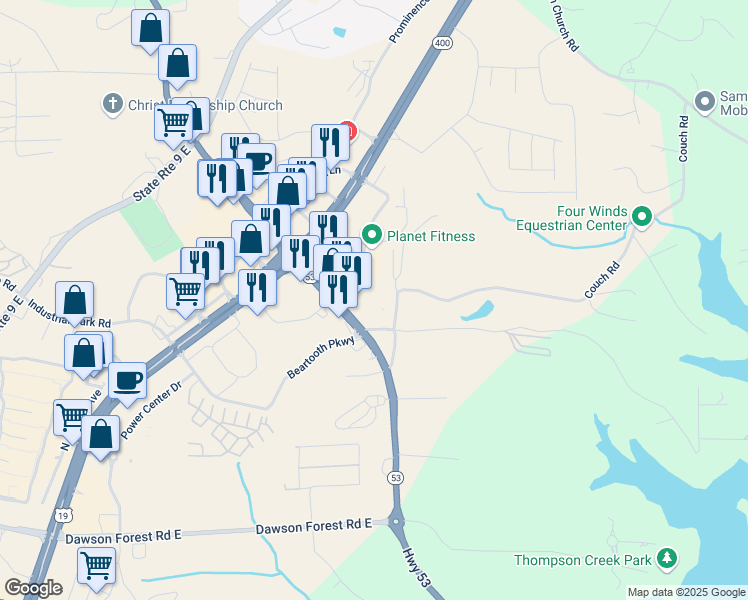 map of restaurants, bars, coffee shops, grocery stores, and more near 200 Old Dawson Village Road in Dawsonville