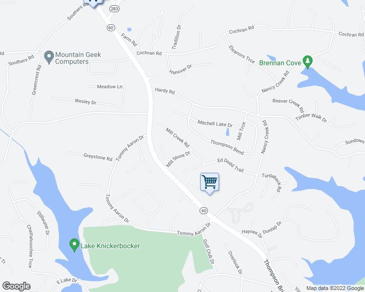 map of restaurants, bars, coffee shops, grocery stores, and more near 3433 Mill Creek Road in Gainesville