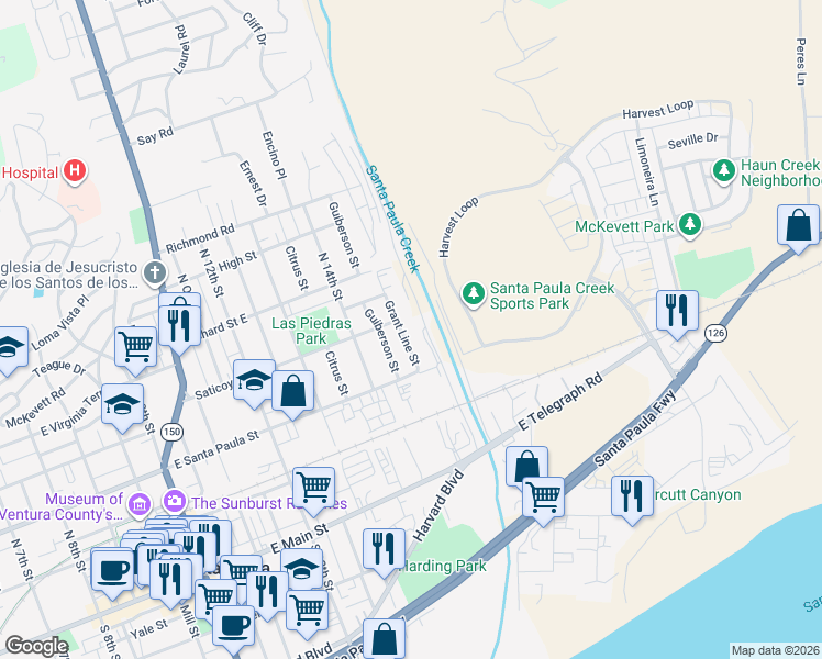 map of restaurants, bars, coffee shops, grocery stores, and more near 339 Grant Line Street in Santa Paula