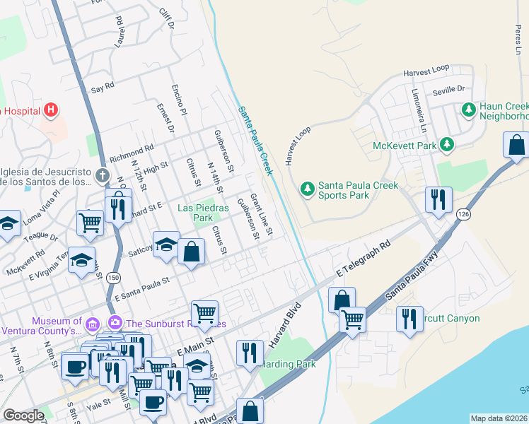 map of restaurants, bars, coffee shops, grocery stores, and more near 339 Grant Line Street in Santa Paula