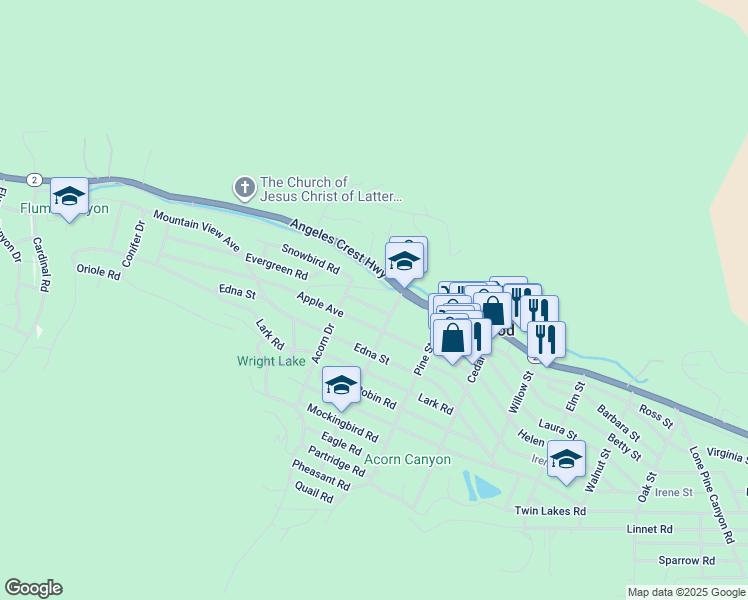 map of restaurants, bars, coffee shops, grocery stores, and more near 1102 Evergreen Road in Wrightwood