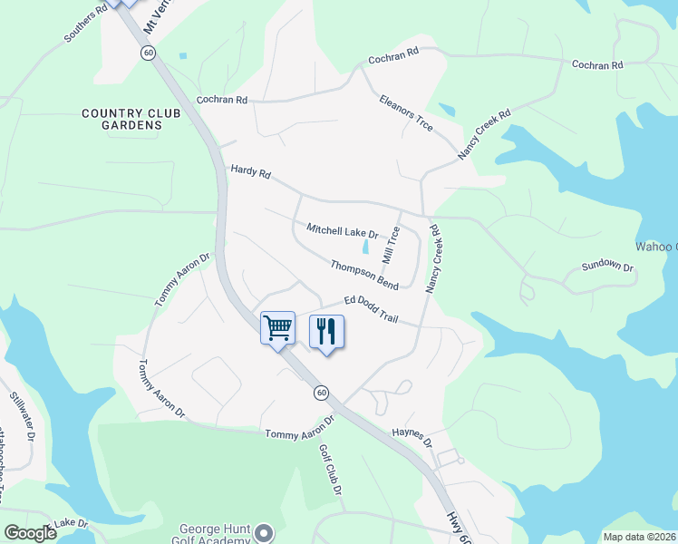 map of restaurants, bars, coffee shops, grocery stores, and more near 3550 Thompson Bend in Gainesville