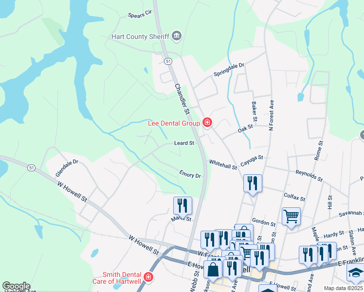 map of restaurants, bars, coffee shops, grocery stores, and more near 15 Crestwood Drive in Hartwell
