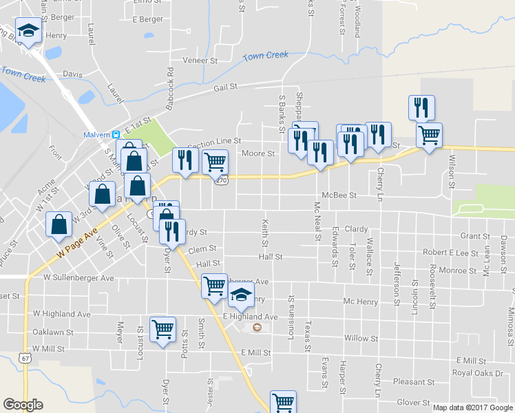 map of restaurants, bars, coffee shops, grocery stores, and more near 542 Pine Bluff Street in Malvern