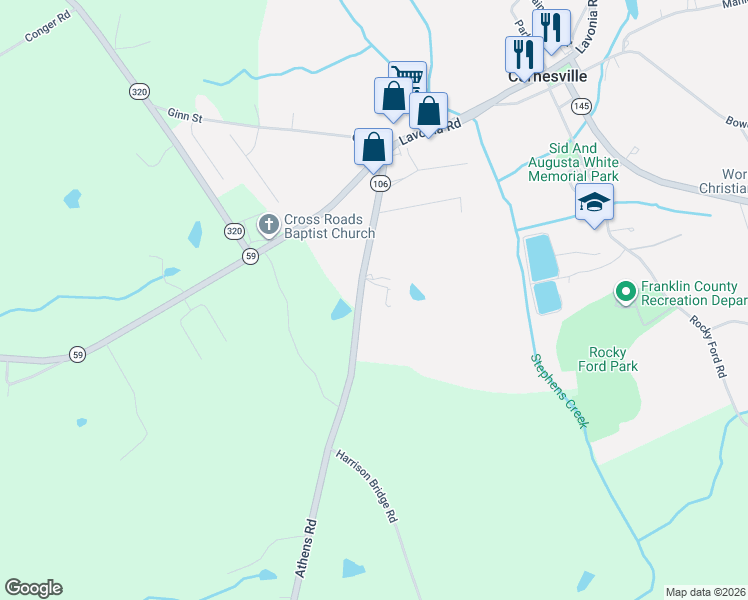 map of restaurants, bars, coffee shops, grocery stores, and more near 191 Crestview Drive in Carnesville