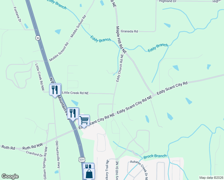 map of restaurants, bars, coffee shops, grocery stores, and more near 2525 Eddy Church Rd NE in Arab