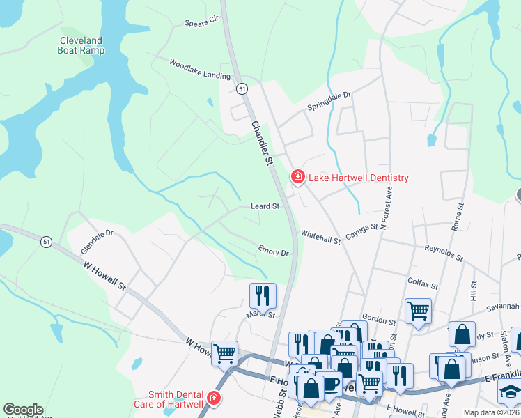 map of restaurants, bars, coffee shops, grocery stores, and more near 15 Crestwood Drive in Hartwell