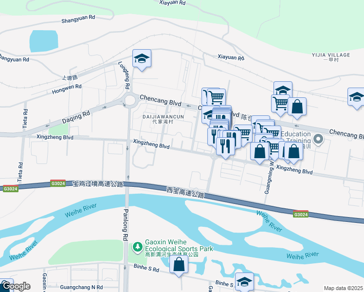 map of restaurants, bars, coffee shops, grocery stores, and more near Xing Zheng Da Dao in Baoji Shi