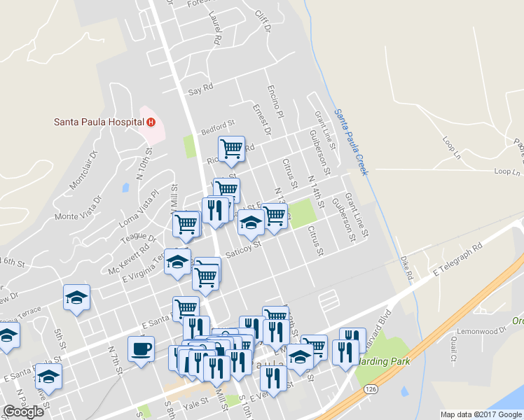 map of restaurants, bars, coffee shops, grocery stores, and more near 442 Sycamore Street in Santa Paula