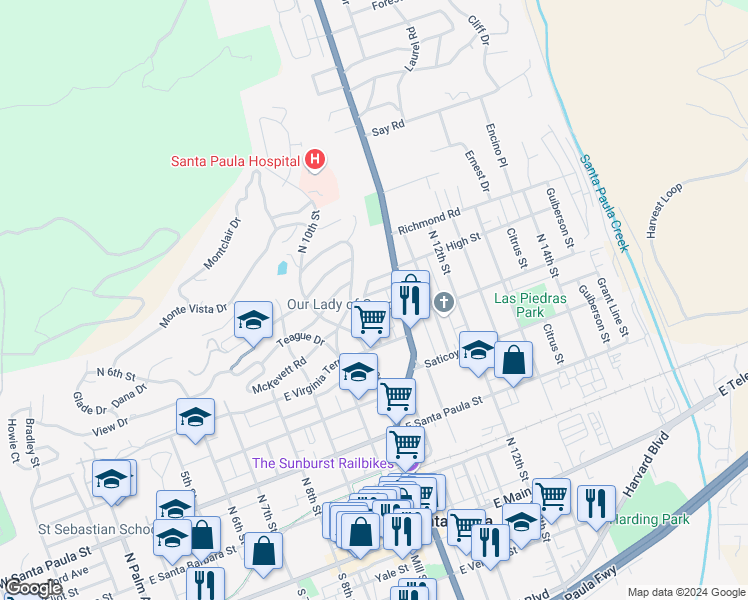 map of restaurants, bars, coffee shops, grocery stores, and more near 1024 Park Street in Santa Paula